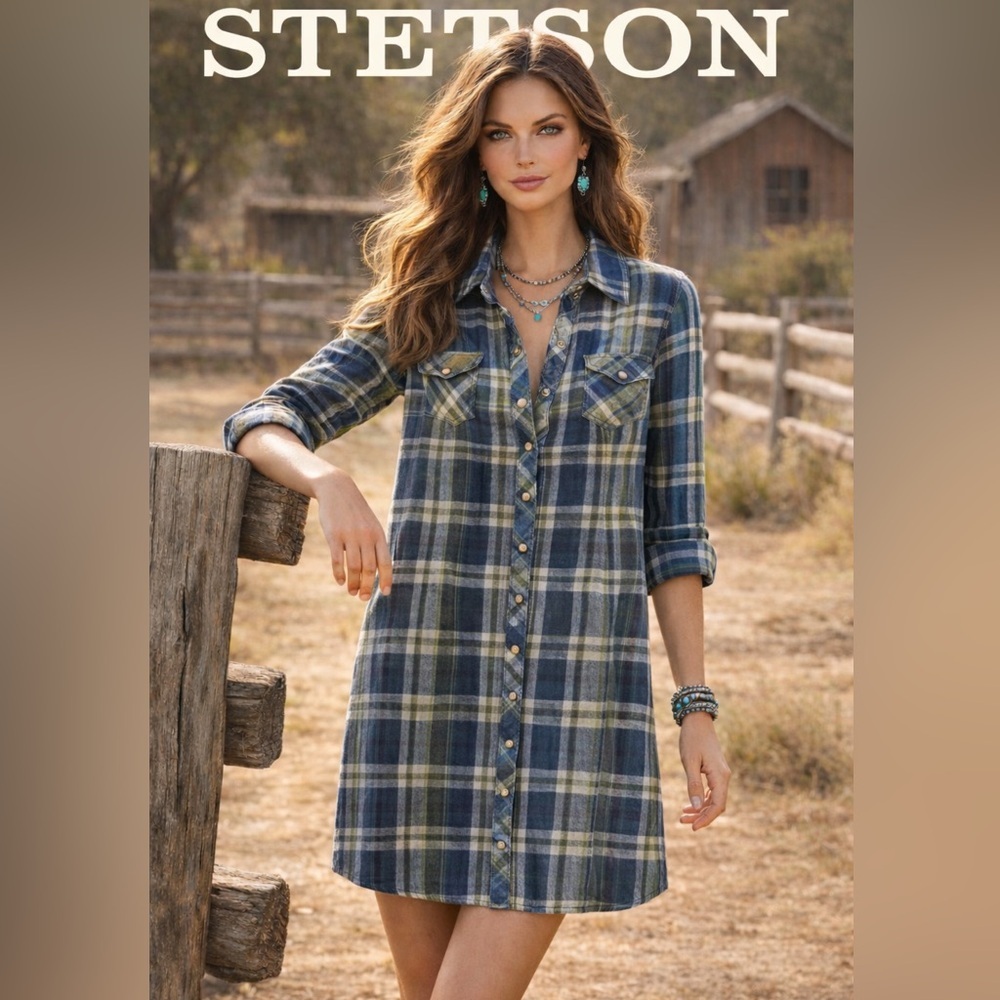 Stetson Plaid Button-Up Flannel Blue and Green Shirt Dress M.
